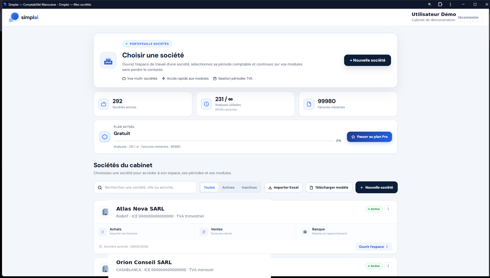 Sélection d'une société dans Simplai